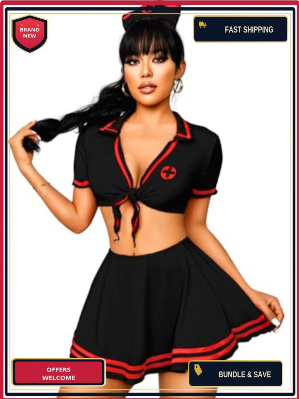 Nurse Cosplay Costume Set Crop Top Mini Skirt Headband Thong Women
